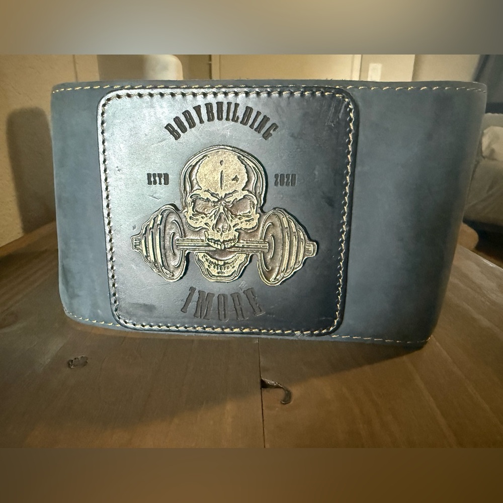 1More Bodybuilding Weightlifting Belt with Skull Design blue suede size large